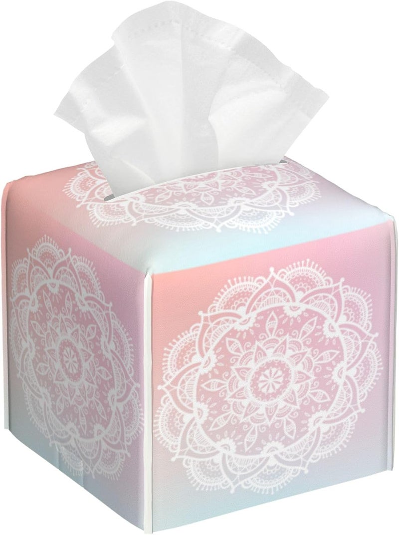 sndheke Pink Boho Mandala Flower Tissue Box Cover Square,Abstract Mandala Floral Tissue Box Holder Waterproof Leather Facial Paper Organizer Dispenser for Bathroom Home Car Nightstand Vanity Desk - Image 1